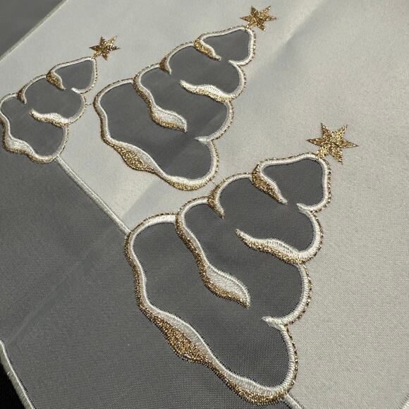 German Embroidered Christmas Tree Table Runner Mat 14x22 Metallic Gold Thread - Picture 3 of 6